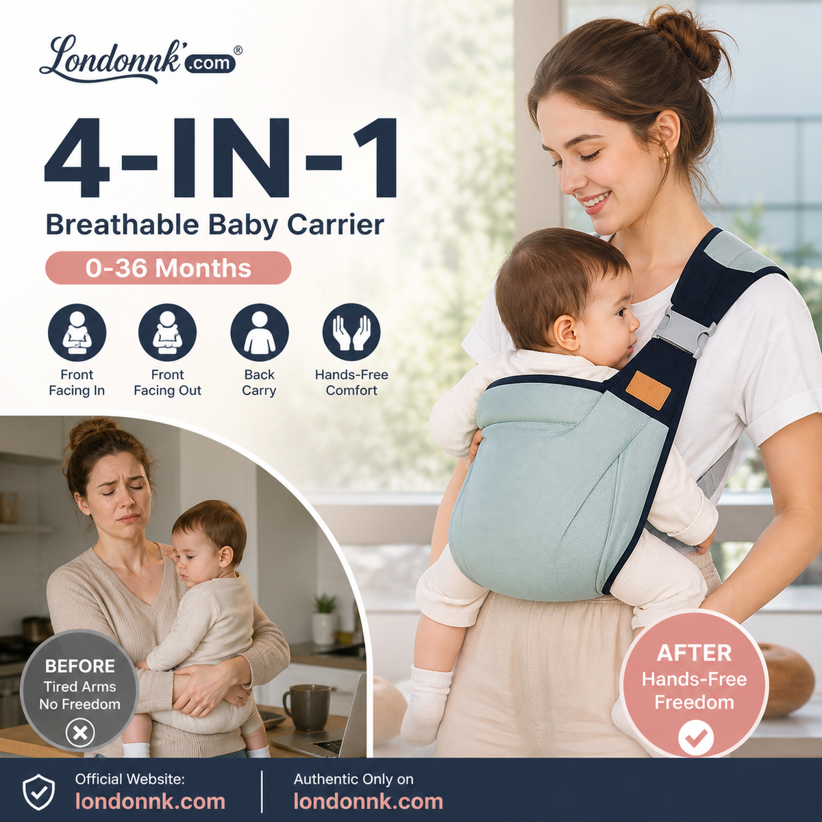 Porte-bébé respirant 4 en 1, de 0 à 36 mois, face au parent ou face au monde, ventral ou dorsal. Confort et mains libres pour les parents et le bébé.