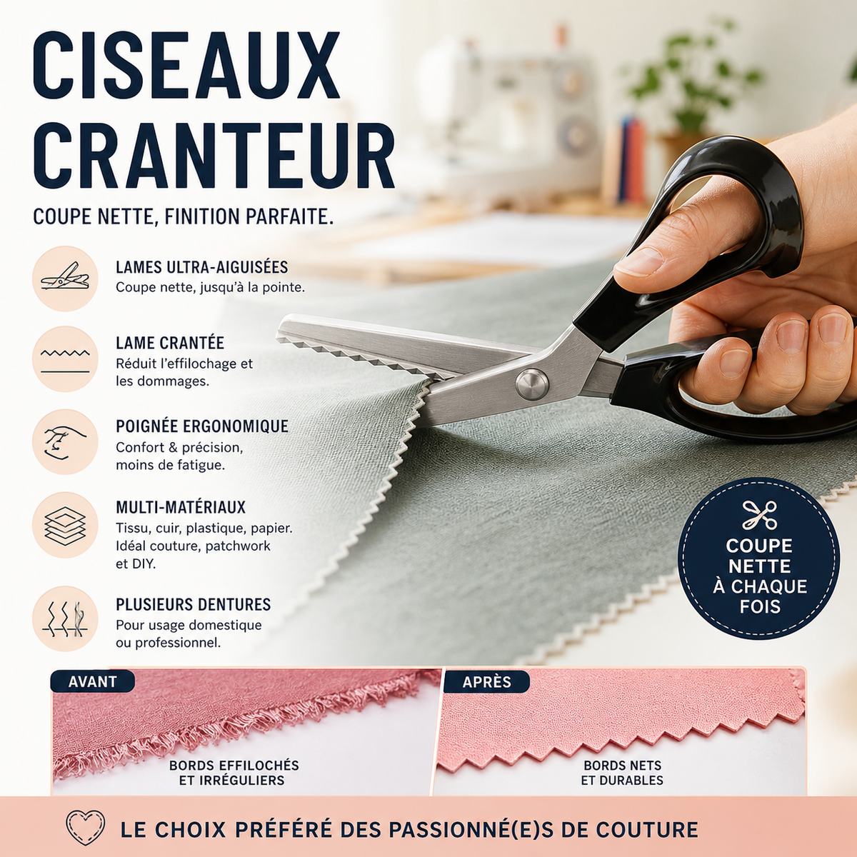 Ciseaux cranteurs en acier inoxydable à poignée ergonomique, anti-effilochage pour tissu, papier et cuir.