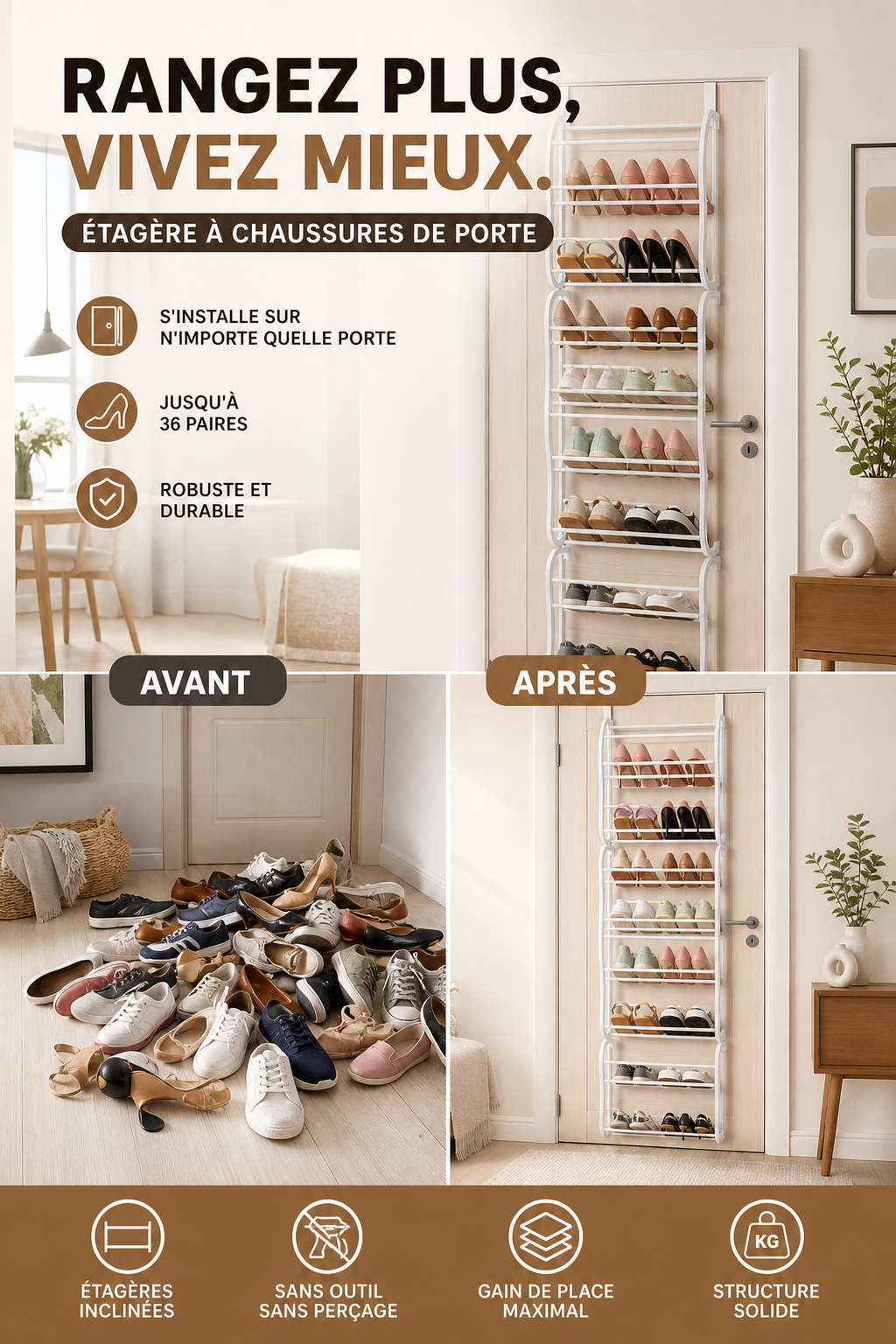 Organisateur de chaussures suspendu pour porte, jusqu'à 36 paires, métal robuste et stable, étagères inclinées antidérapantes pour talons, bottes et baskets, installation sans outils en quelques secondes, 3 coloris, 4-8-12 niveaux