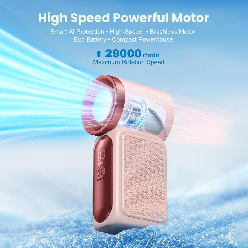 Mini ventilateur portable avec affichage LED, ventilateur de poche turbo 5 vitesses. Rechargeable par USB, refroidissement rapide, idéal pour les voyages et le maquillage. Cadeau parfait. Refroidissement portable.