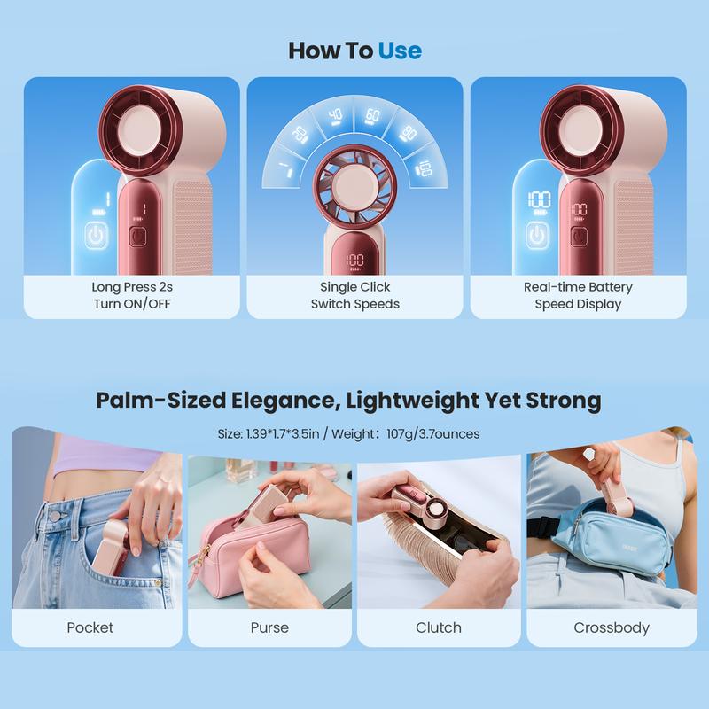 Mini ventilateur portable avec affichage LED, ventilateur de poche turbo 5 vitesses. Rechargeable par USB, refroidissement rapide, idéal pour les voyages et le maquillage. Cadeau parfait. Refroidissement portable.