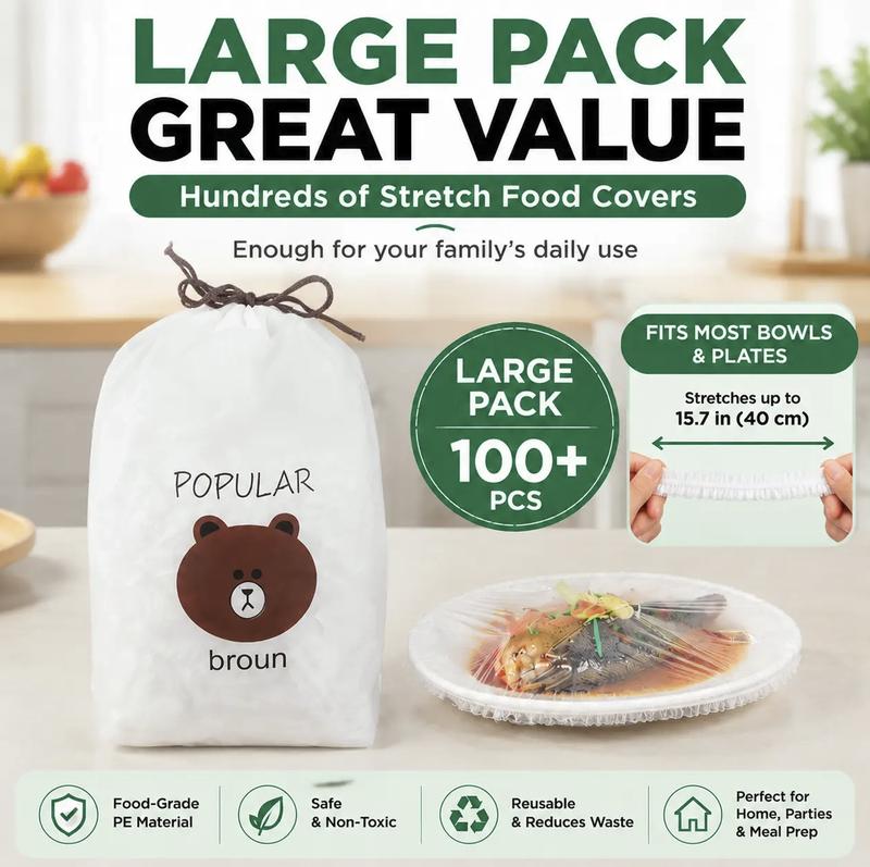 Lot of 100 disposable stretch films for bowls and plates, elastic lids for containers, alternative to cling film for storing leftovers, fruits, vegetables and food in the kitchen