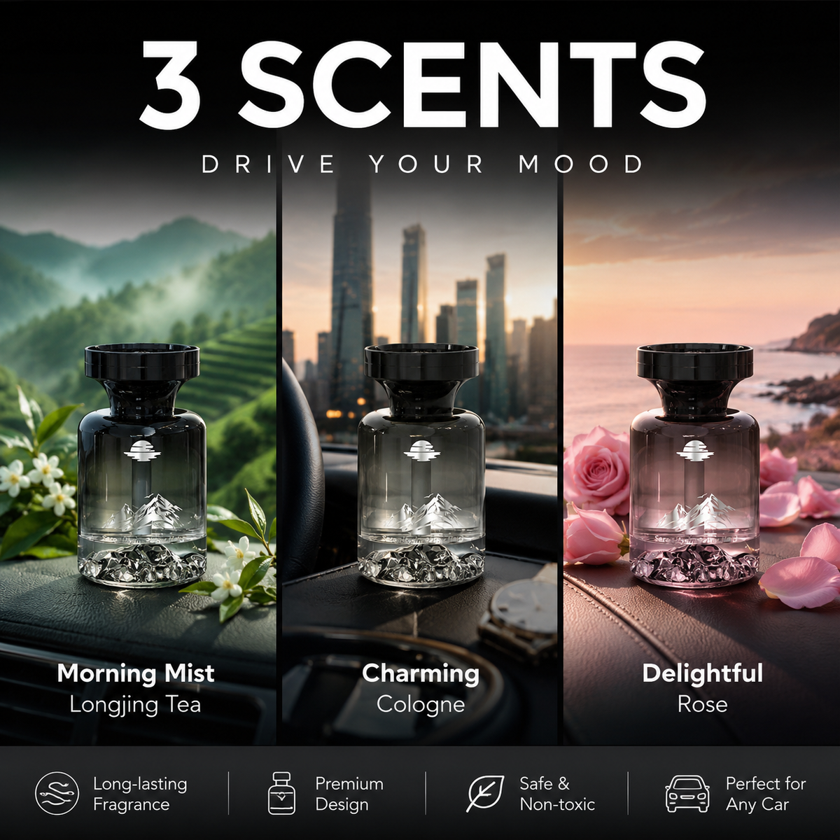 Désodorisant longue durée pour voiture, à base d'extraits naturels. Élimine odeurs de fumée et d'animaux. Fraîcheur garantie plusieurs semaines. Motif montagne respirez à pleins poumons.