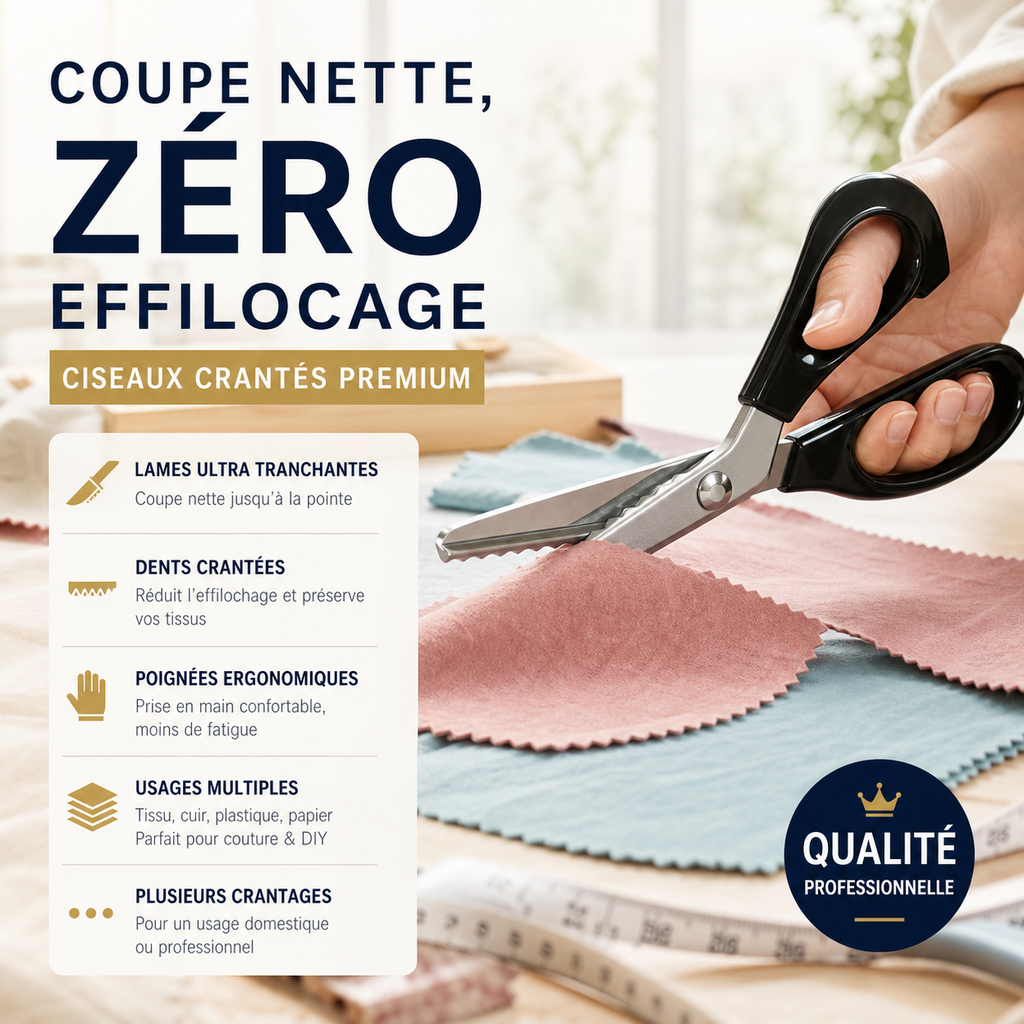 Ciseaux cranteurs en acier inoxydable à poignée ergonomique, anti-effilochage pour tissu, papier et cuir.