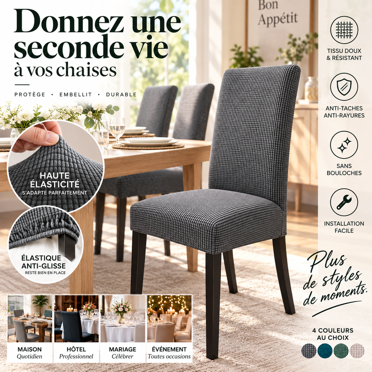 Réduction Housse de chaise extensible Ajustement parfait, anti-tache, protège et rénove vos chaises facilement