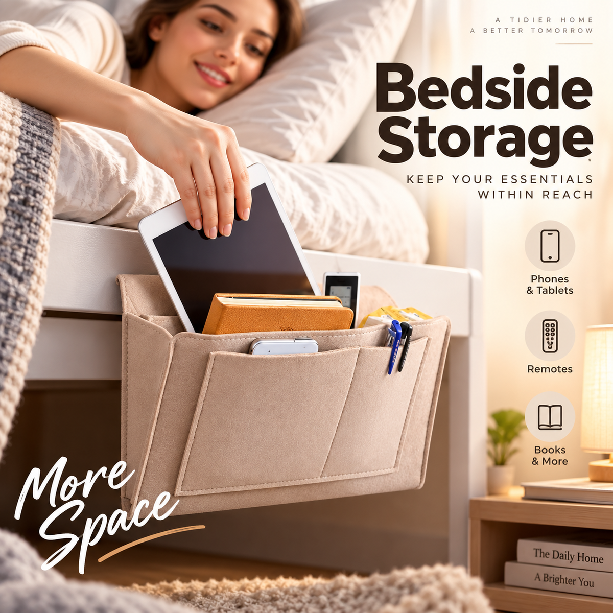 Tidy your nightstand in a flash Tool-free slide storage