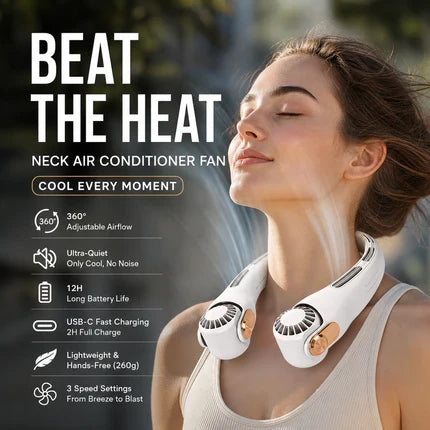 Ventilateur de cou portable rotatif 360°, ultra-silencieux 45 dB, 3 vitesses, longue autonomie USB, mains libres, blanc & rose. Achetez-en 2 = -10 %