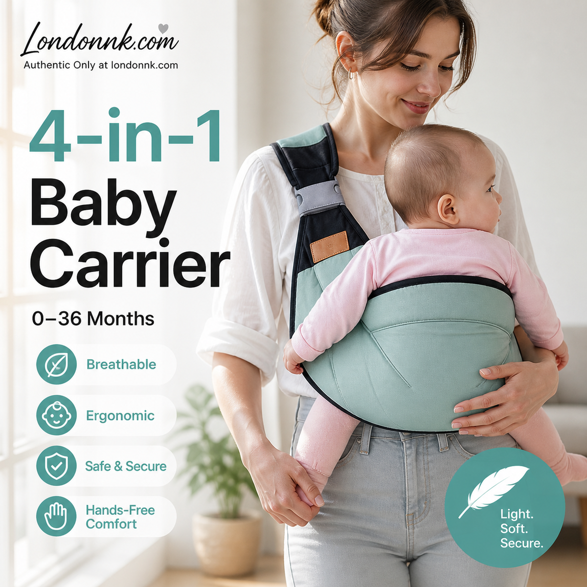 Porte-bébé respirant 4 en 1, de 0 à 36 mois, face au parent ou face au monde, ventral ou dorsal. Confort et mains libres pour les parents et le bébé.