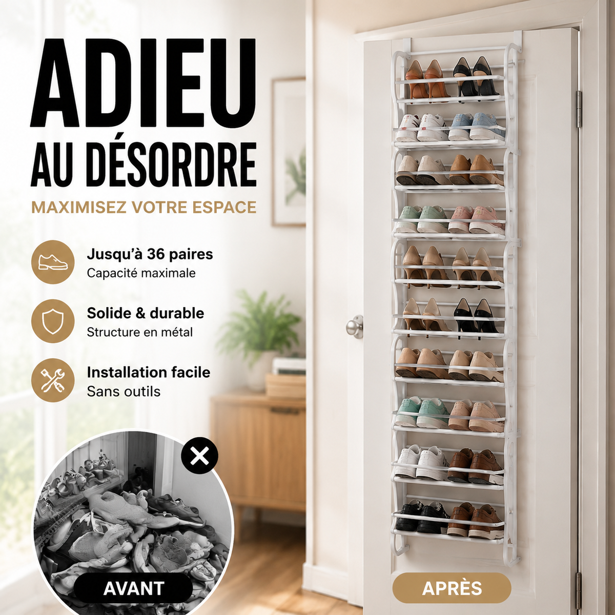 Organisateur de chaussures suspendu pour porte, jusqu'à 36 paires, métal robuste et stable, étagères inclinées antidérapantes pour talons, bottes et baskets, installation sans outils en quelques secondes, 3 coloris, 4-8-12 niveaux