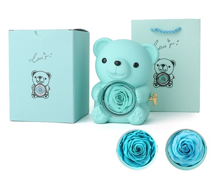 Vente surprise de la Saint-Valentin -57 % : peluche ourson avec rose stabilisée – collier + rose éternelle + ourson en peluche
