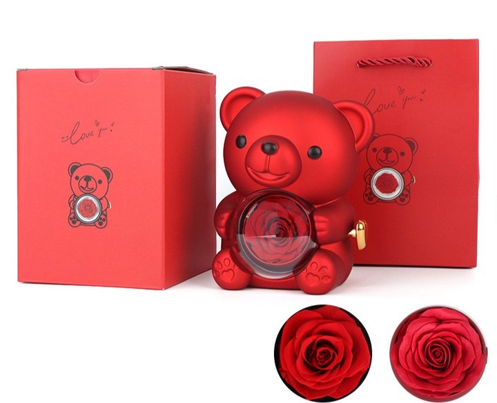 Vente surprise de la Saint-Valentin -57 % : peluche ourson avec rose stabilisée – collier + rose éternelle + ourson en peluche