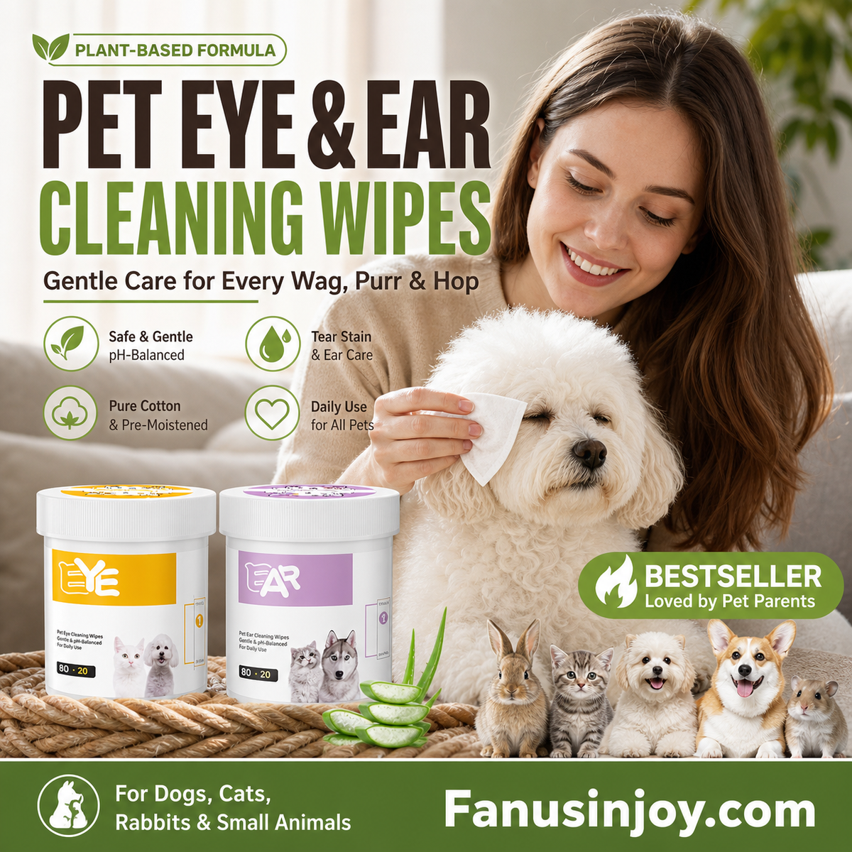 1 acheté 1 offert Lingettes nettoyantes yeux et oreilles à base de plantes, sans parfum, nettoient en douceur les yeux et les oreilles de votre compagnon à quatre pattes