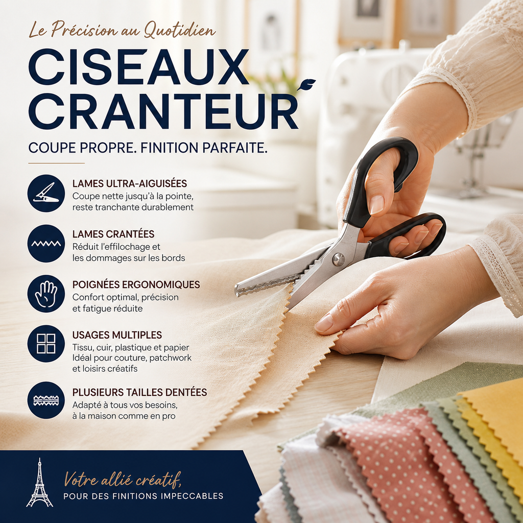 Ciseaux cranteurs en acier inoxydable à poignée ergonomique, anti-effilochage pour tissu, papier et cuir.