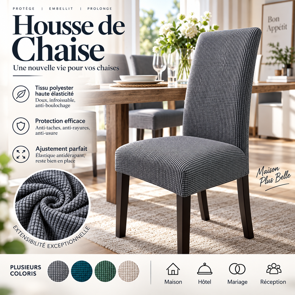 Réduction Housse de chaise extensible Ajustement parfait, anti-tache, protège et rénove vos chaises facilement