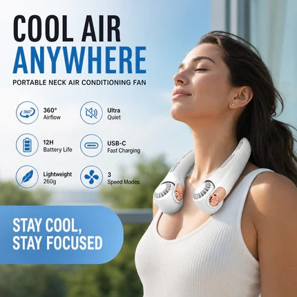Ventilateur de cou portable rotatif 360°, ultra-silencieux 45 dB, 3 vitesses, longue autonomie USB, mains libres, blanc & rose. Achetez-en 2 = -10 %