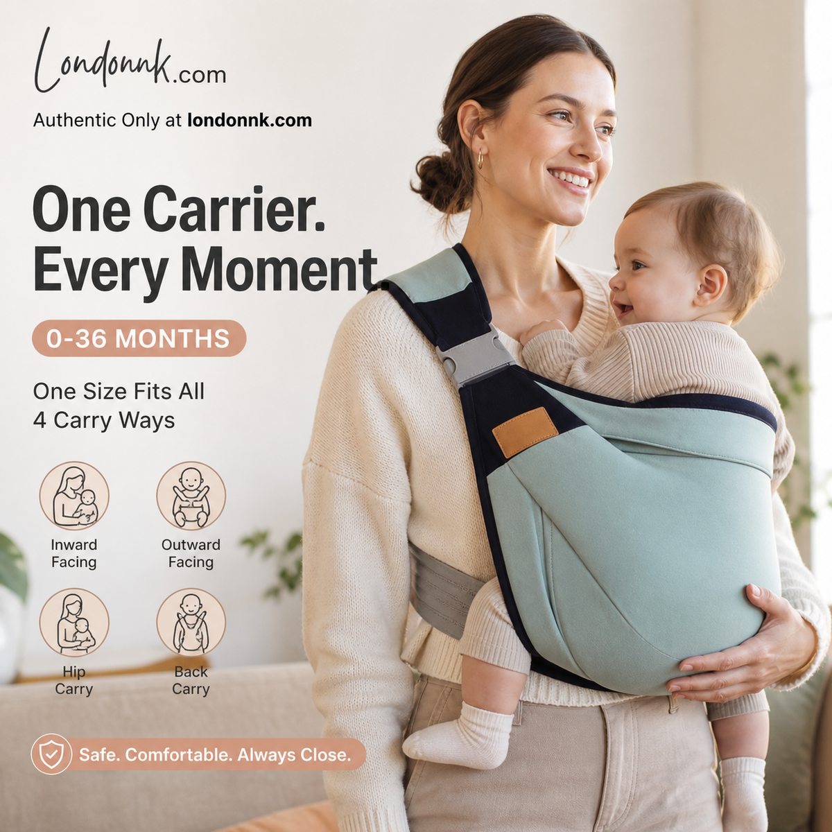 Porte-bébé respirant 4 en 1, de 0 à 36 mois, face au parent ou face au monde, ventral ou dorsal. Confort et mains libres pour les parents et le bébé.