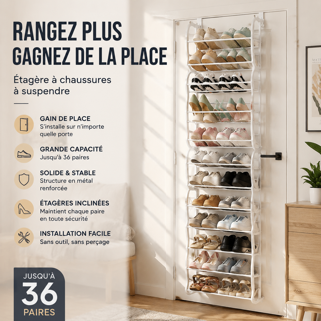 Organisateur de chaussures suspendu pour porte, jusqu'à 36 paires, métal robuste et stable, étagères inclinées antidérapantes pour talons, bottes et baskets, installation sans outils en quelques secondes, 3 coloris, 4-8-12 niveaux