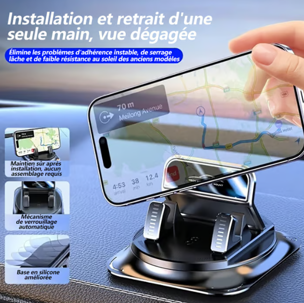 Support de téléphone pour voiture | Orientable à 360° | Verrouillage d'une seule main en 0,1 seconde | Antidérapant et n'endommage pas le tableau de bord | Étanche et résistant aux taches