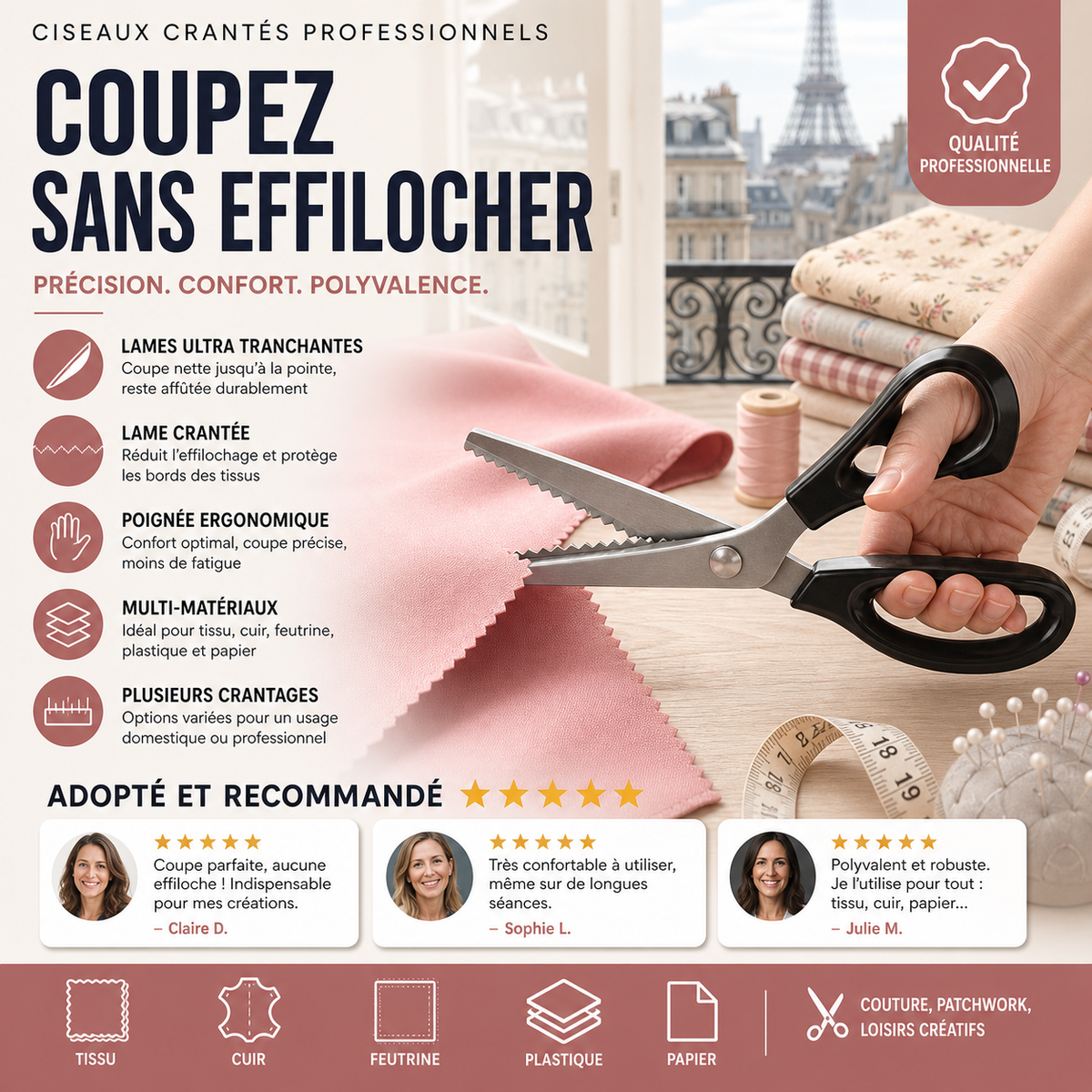 Ciseaux cranteurs en acier inoxydable à poignée ergonomique, anti-effilochage pour tissu, papier et cuir.