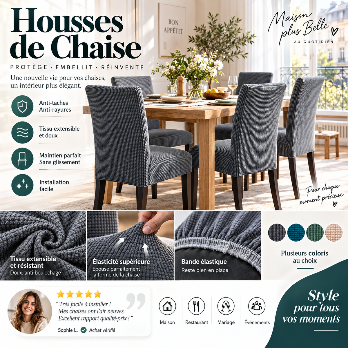 Réduction Housse de chaise extensible Ajustement parfait, anti-tache, protège et rénove vos chaises facilement