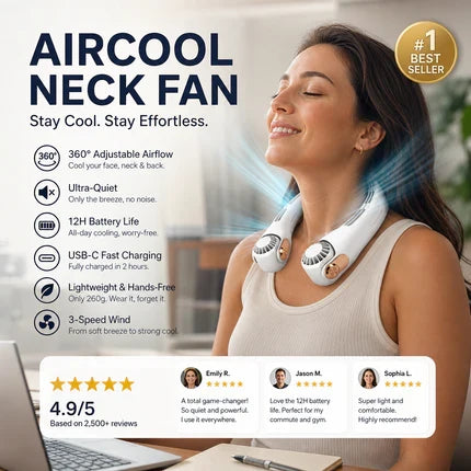 Ventilateur de cou portable rotatif 360°, ultra-silencieux 45 dB, 3 vitesses, longue autonomie USB, mains libres, blanc & rose. Achetez-en 2 = -10 %