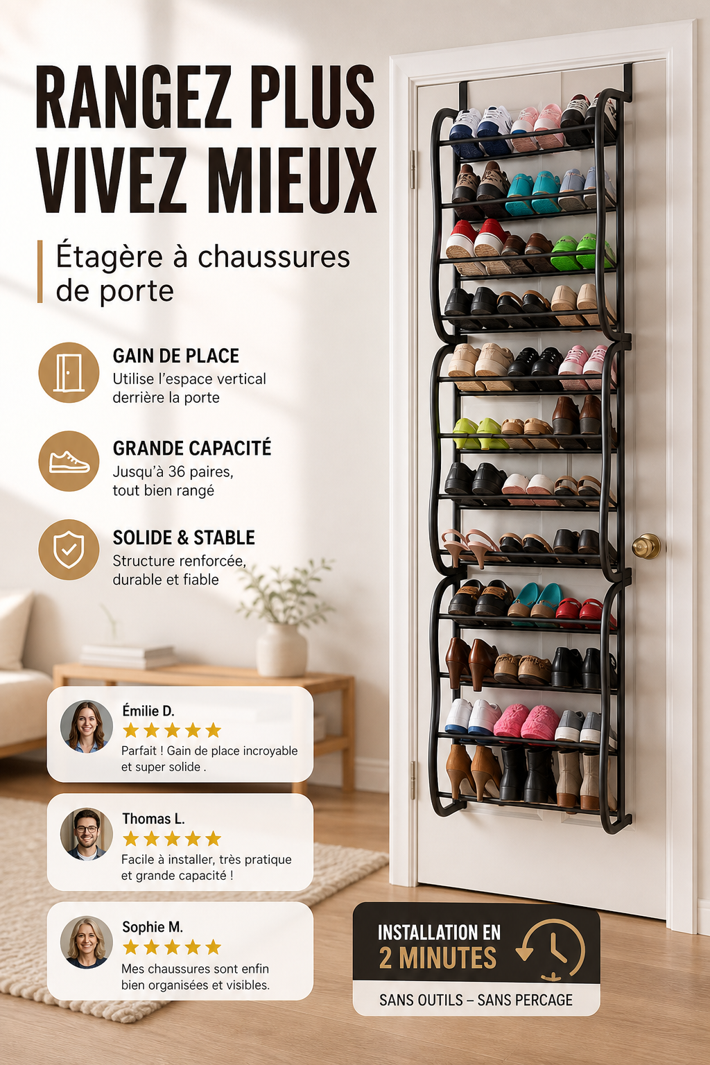 Organisateur de chaussures suspendu pour porte, jusqu'à 36 paires, métal robuste et stable, étagères inclinées antidérapantes pour talons, bottes et baskets, installation sans outils en quelques secondes, 3 coloris, 4-8-12 niveaux