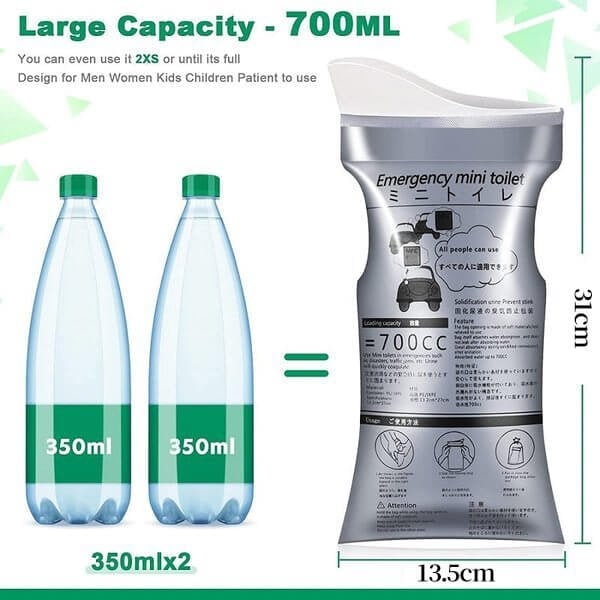 Réduction Sac portable 700 ml : étanche, anti-déversement, neutralise les odeurs. Idéal pour voyages, camping, urgences. Hygiénique et discret. Fini le stress en déplacement !