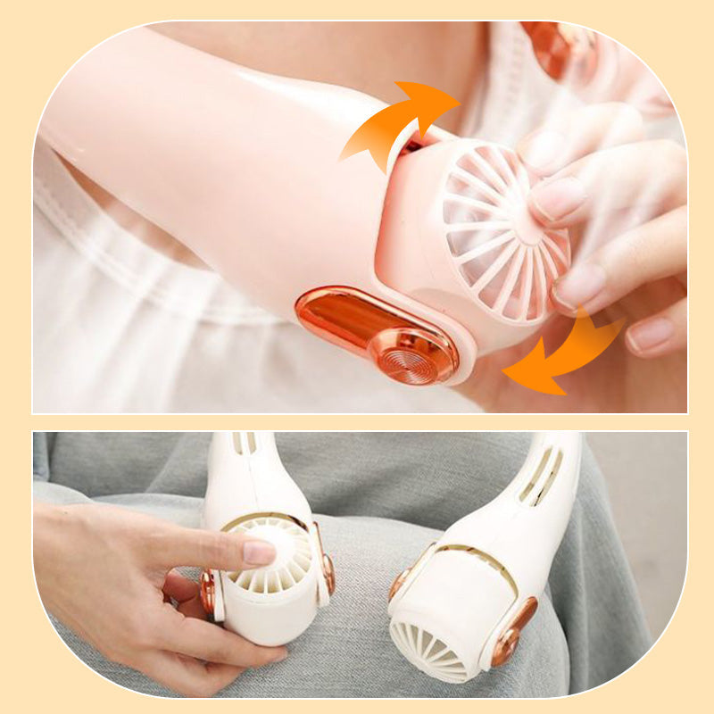 Ventilateur de cou portable rotatif 360°, ultra-silencieux 45 dB, 3 vitesses, longue autonomie USB, mains libres, blanc & rose. Achetez-en 2 = -10 %