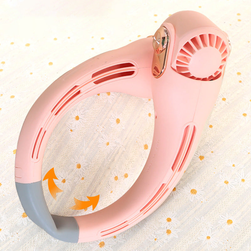 Ventilateur de cou portable rotatif 360°, ultra-silencieux 45 dB, 3 vitesses, longue autonomie USB, mains libres, blanc & rose. Achetez-en 2 = -10 %
