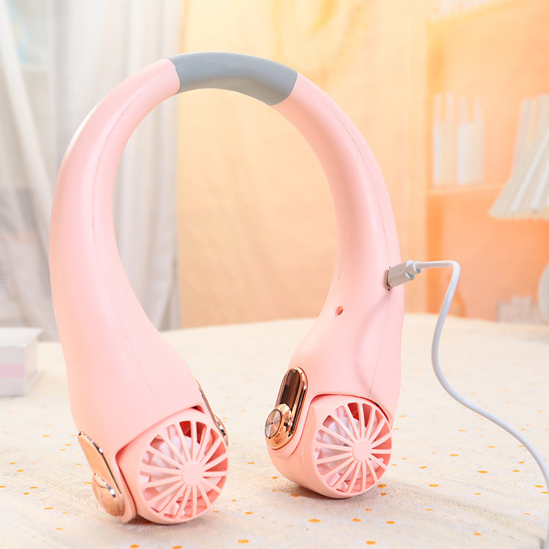 Ventilateur de cou portable rotatif 360°, ultra-silencieux 45 dB, 3 vitesses, longue autonomie USB, mains libres, blanc & rose. Achetez-en 2 = -10 %