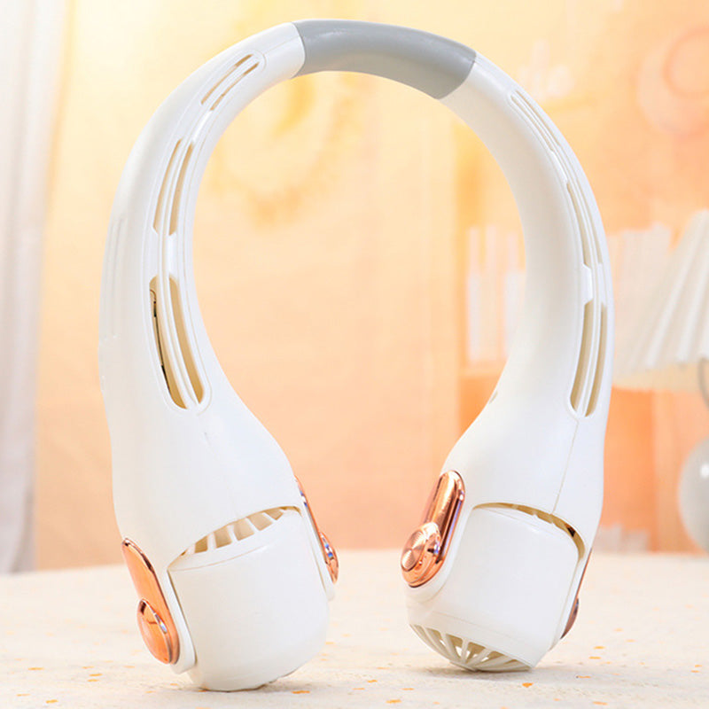 Ventilateur de cou portable rotatif 360°, ultra-silencieux 45 dB, 3 vitesses, longue autonomie USB, mains libres, blanc & rose. Achetez-en 2 = -10 %