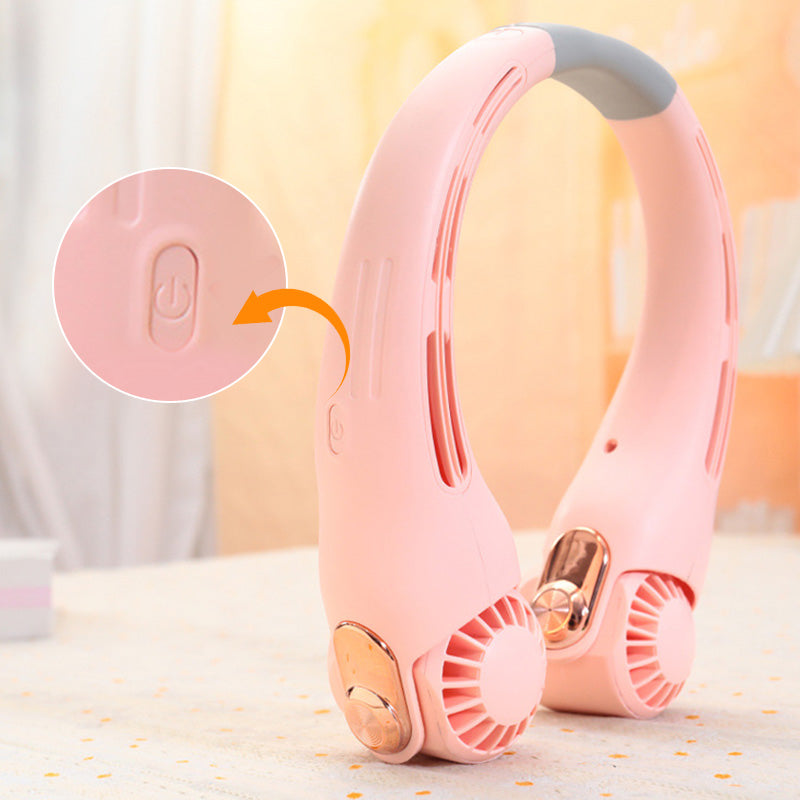 Ventilateur de cou portable rotatif 360°, ultra-silencieux 45 dB, 3 vitesses, longue autonomie USB, mains libres, blanc & rose. Achetez-en 2 = -10 %