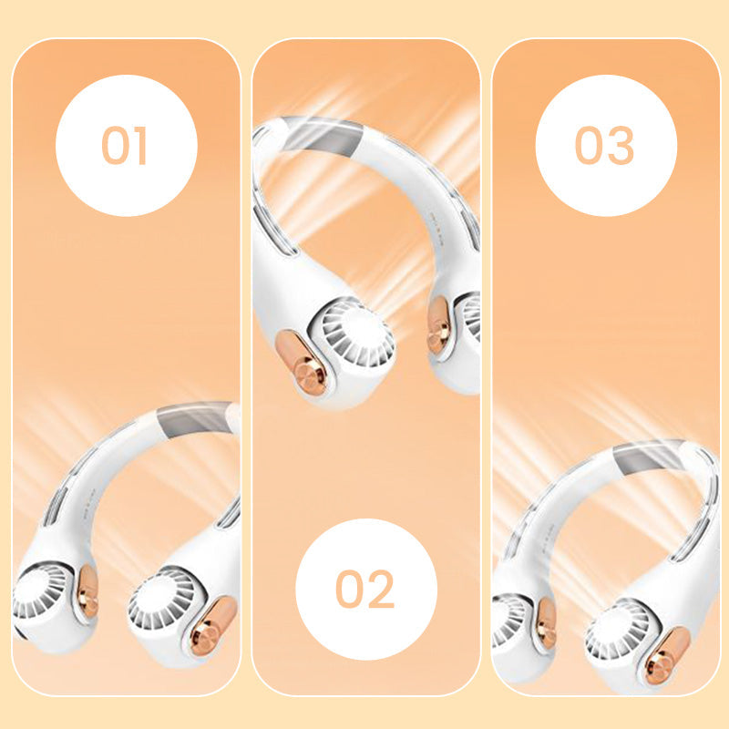 Ventilateur de cou portable rotatif 360°, ultra-silencieux 45 dB, 3 vitesses, longue autonomie USB, mains libres, blanc & rose. Achetez-en 2 = -10 %