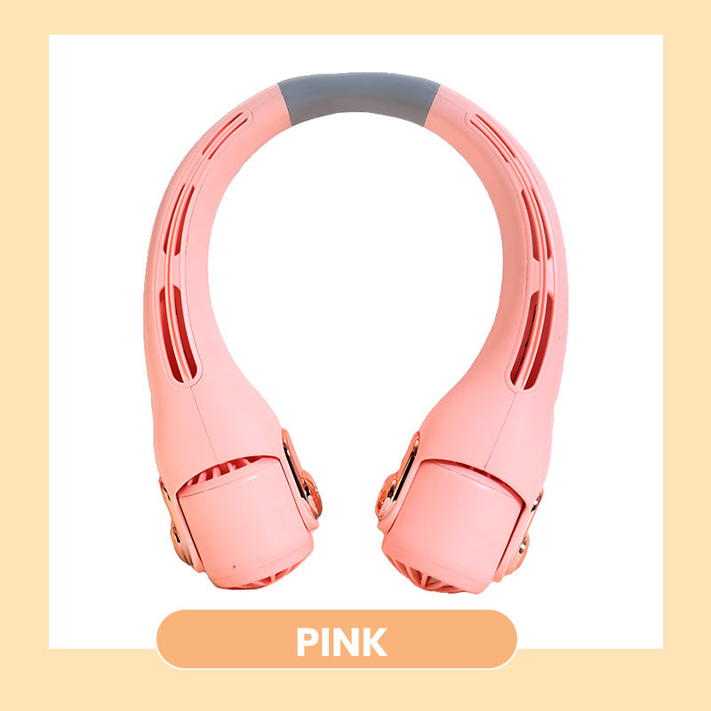 Ventilateur de cou portable rotatif 360°, ultra-silencieux 45 dB, 3 vitesses, longue autonomie USB, mains libres, blanc & rose. Achetez-en 2 = -10 %