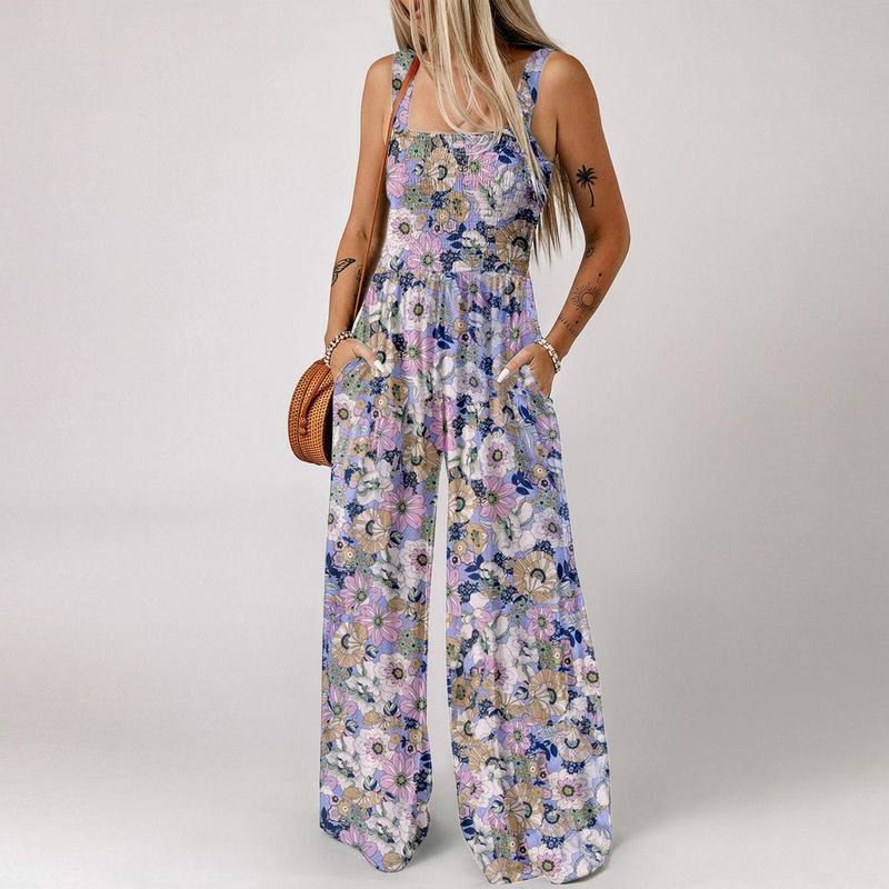 DE RDUCTION Combinaison sans manches pour femme, motif floral, poitrine smockée et jambes larges, chic et estivale.