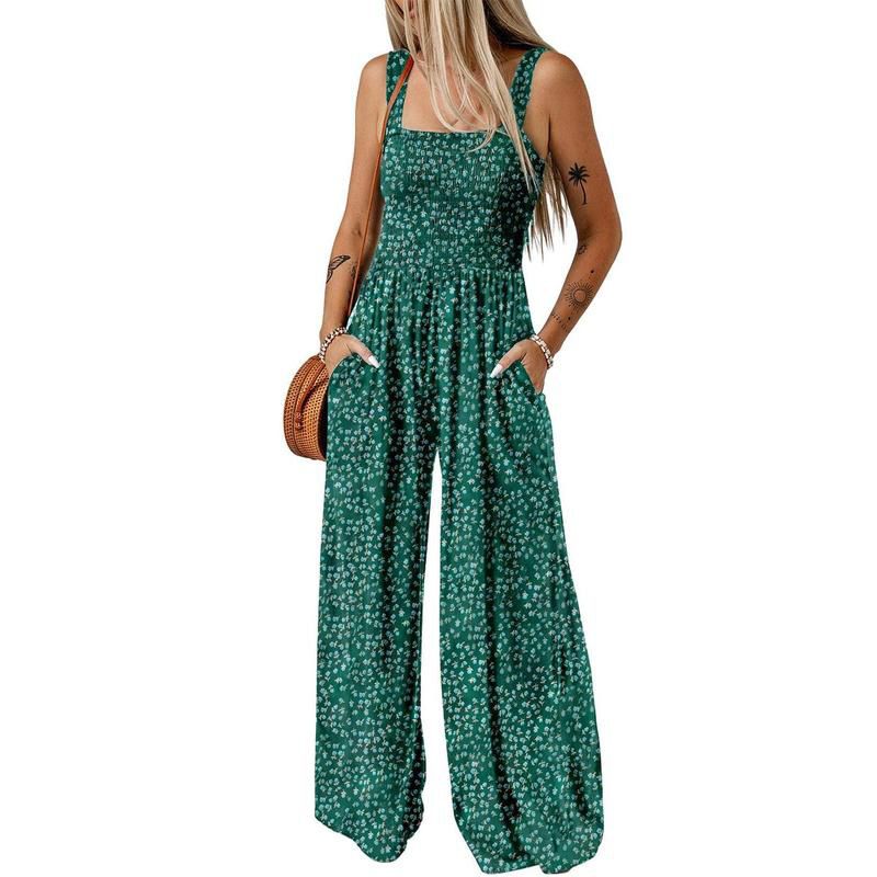 DE RDUCTION Combinaison sans manches pour femme, motif floral, poitrine smockée et jambes larges, chic et estivale.