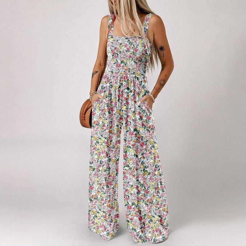 DE RDUCTION Combinaison sans manches pour femme, motif floral, poitrine smockée et jambes larges, chic et estivale.