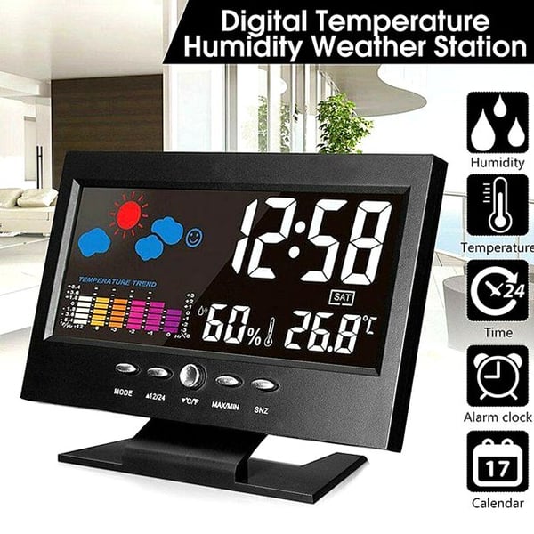 Moniteur numérique de température et d'humidité à 80 % avec prévisions météo et réveil LED