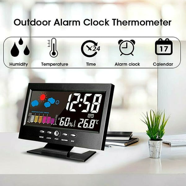 Moniteur numérique de température et d'humidité à 80 % avec prévisions météo et réveil LED