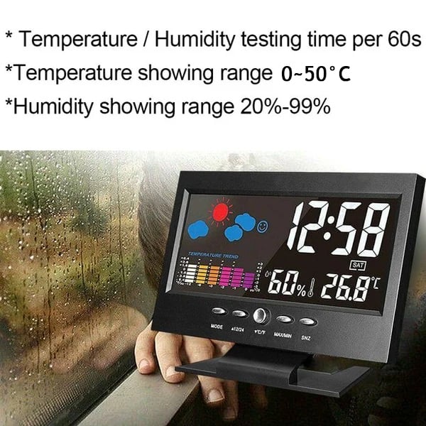 Moniteur numérique de température et d'humidité à 80 % avec prévisions météo et réveil LED