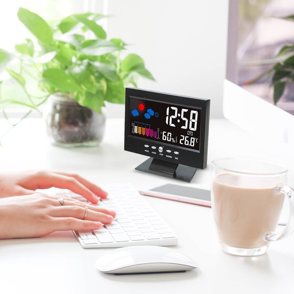 Moniteur numérique de température et d'humidité à 80 % avec prévisions météo et réveil LED