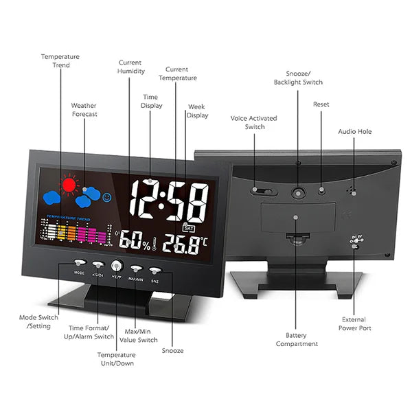 Moniteur numérique de température et d'humidité à 80 % avec prévisions météo et réveil LED