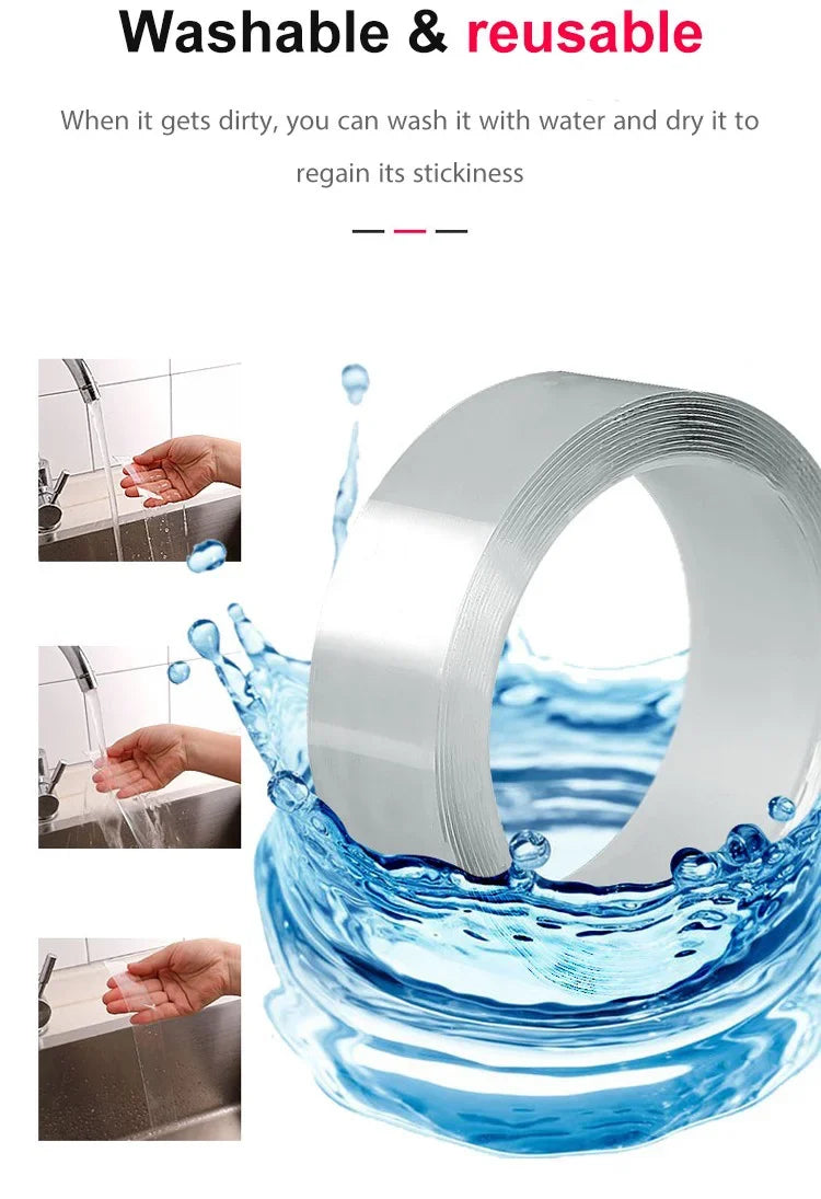 Ruban nano-magique transparent sans trace, adhésif double face réutilisable