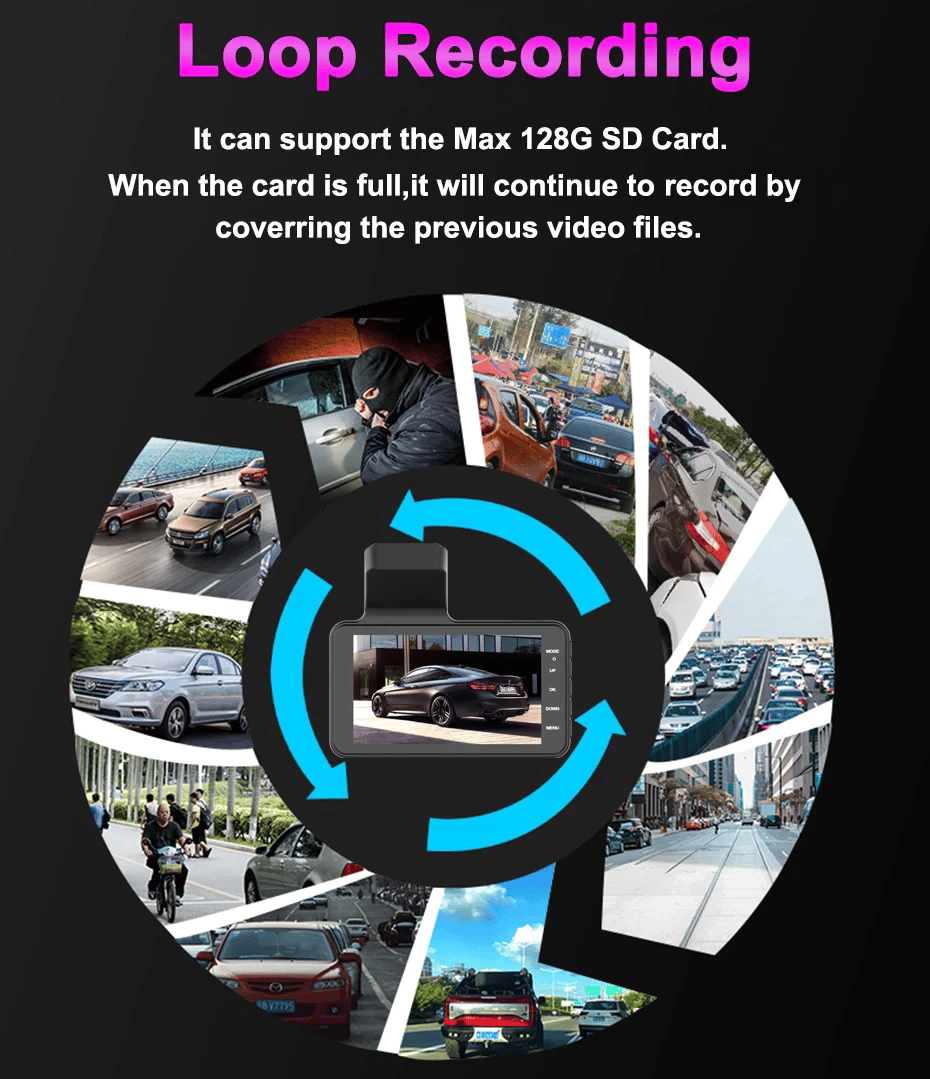Enregistreur de voiture HD 1080P grand angle 170° avec vision nocturne