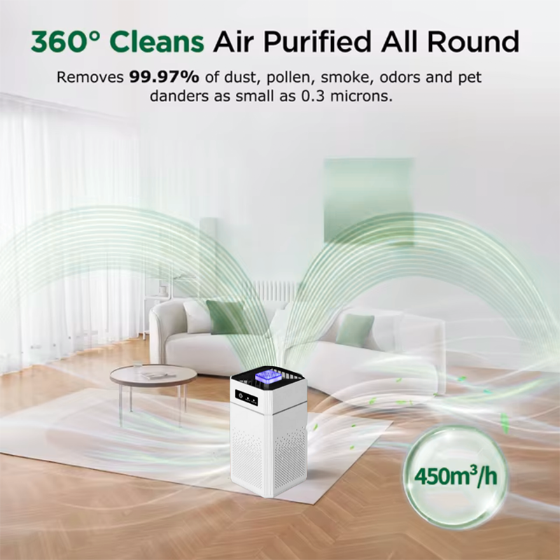 Purificateur d'air domestique. Protection complète pour un air intérieur frais et pur, idéal contre les allergènes, la poussière et les odeurs.