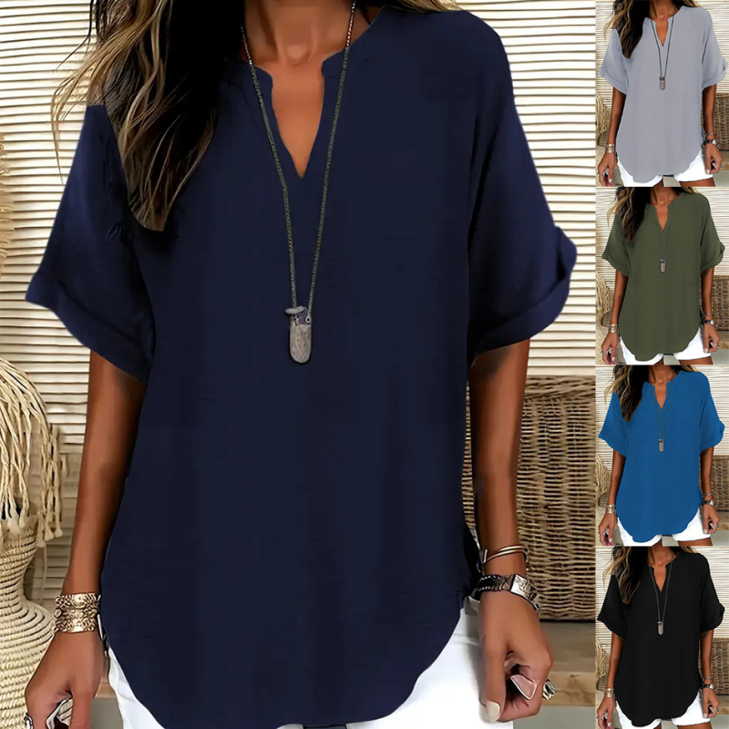 V-neck short-sleeved top with asymmetrical hem and lightweight, breathable fabric (5 colors)