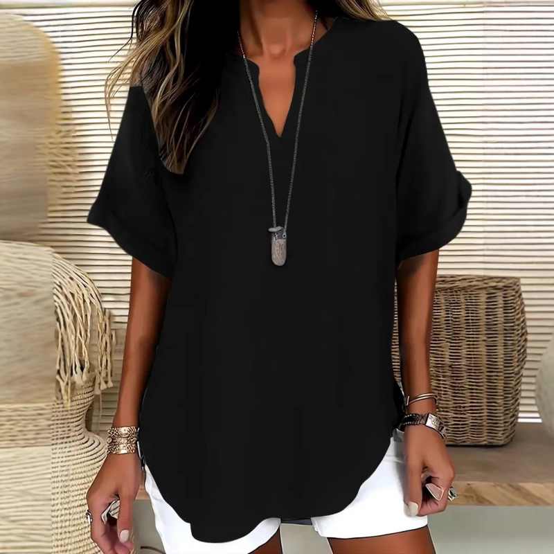 V-neck short-sleeved top with asymmetrical hem and lightweight, breathable fabric (5 colors)