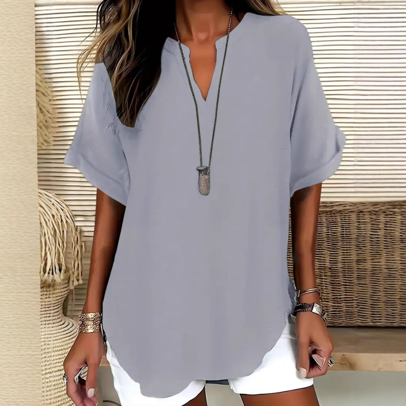 V-neck short-sleeved top with asymmetrical hem and lightweight, breathable fabric (5 colors)