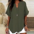 V-neck short-sleeved top with asymmetrical hem and lightweight, breathable fabric (5 colors)