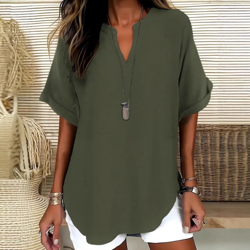 V-neck short-sleeved top with asymmetrical hem and lightweight, breathable fabric (5 colors)